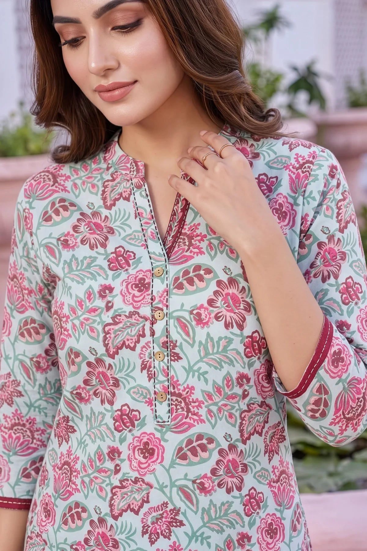 Light Blue Rayon Flower Print Ban Collar Short Kurti