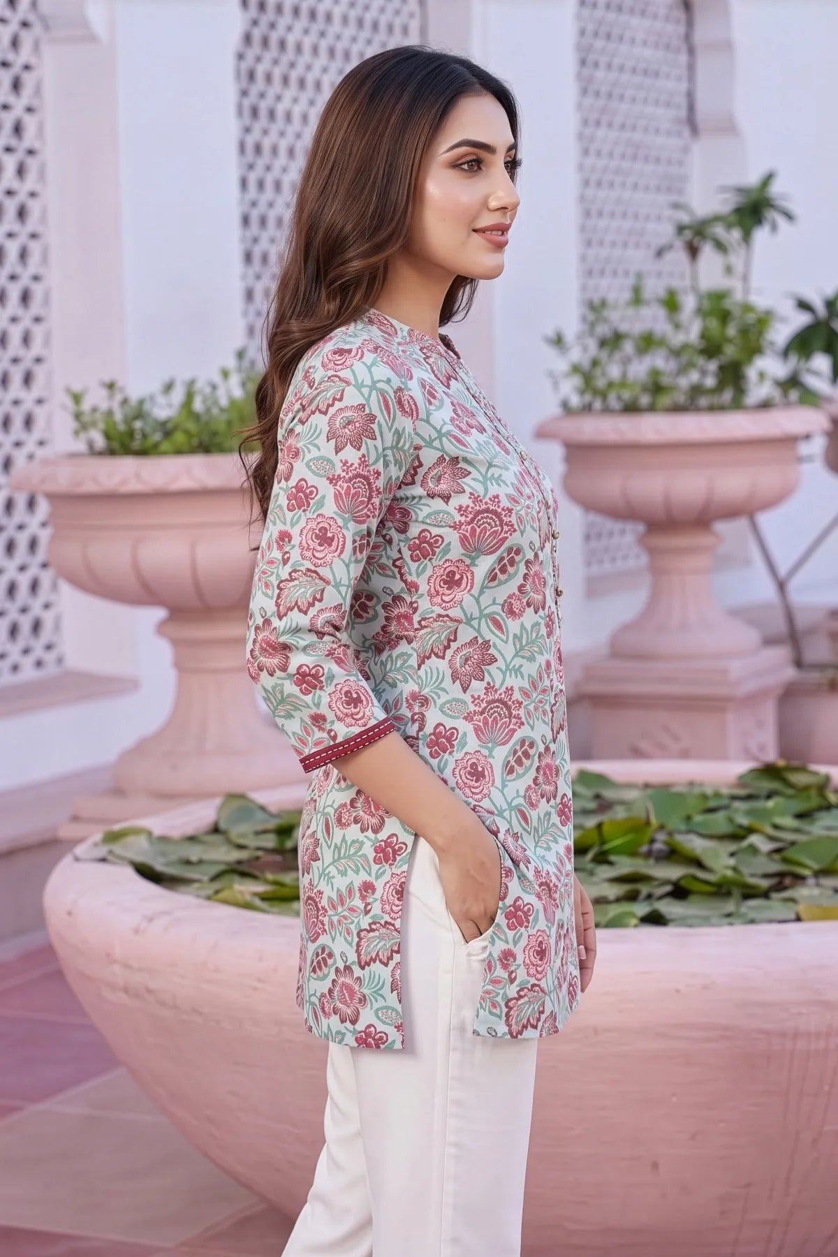 Light Blue Rayon Flower Print Ban Collar Short Kurti
