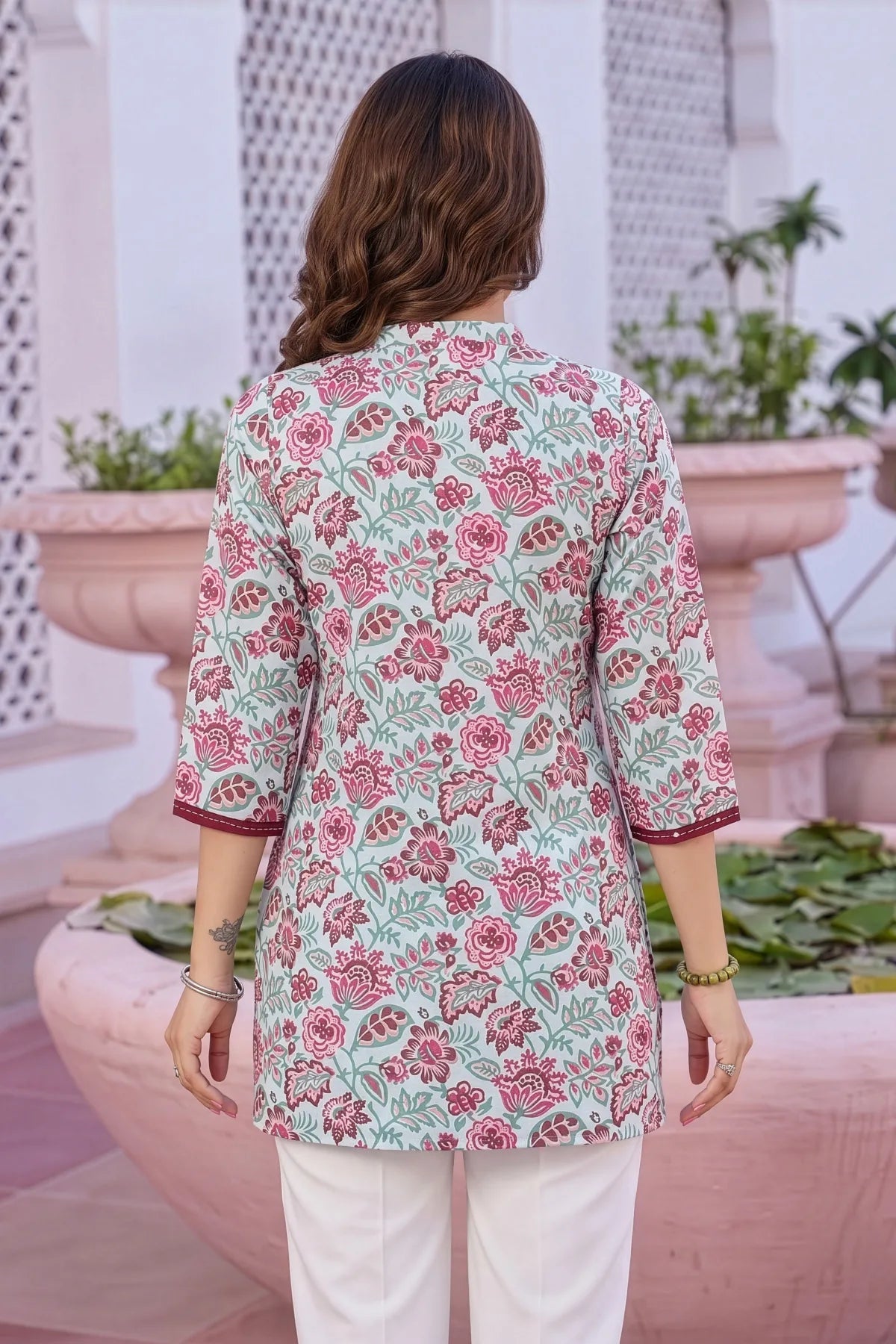 Light Blue Rayon Flower Print Ban Collar Short Kurti