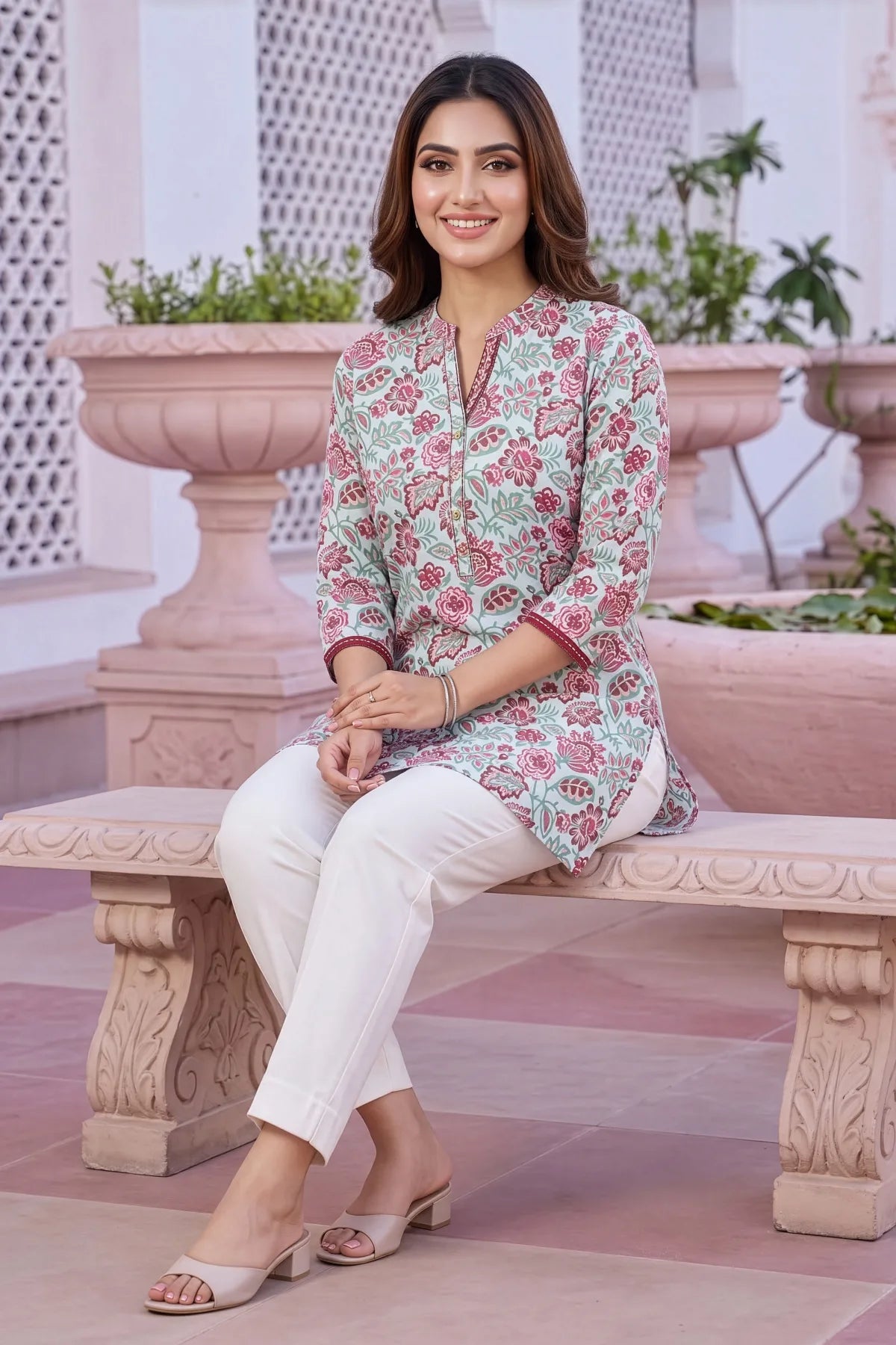 Light Blue Rayon Flower Print Ban Collar Short Kurti