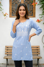 Light Blue Rayon Short Kurti with Chikankari Embroidery