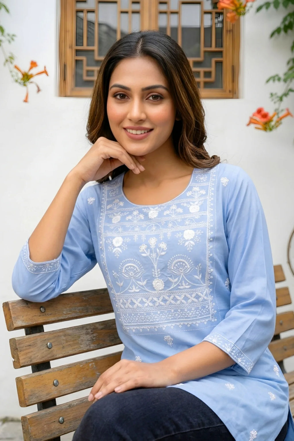 Light Blue Rayon Short Kurti with Chikankari Embroidery