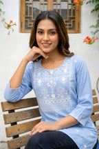 Light Blue Rayon Short Kurti with Chikankari Embroidery
