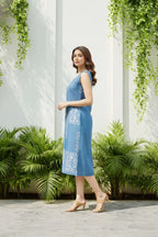 Denim Light Blue Printed Dress with Embellishment