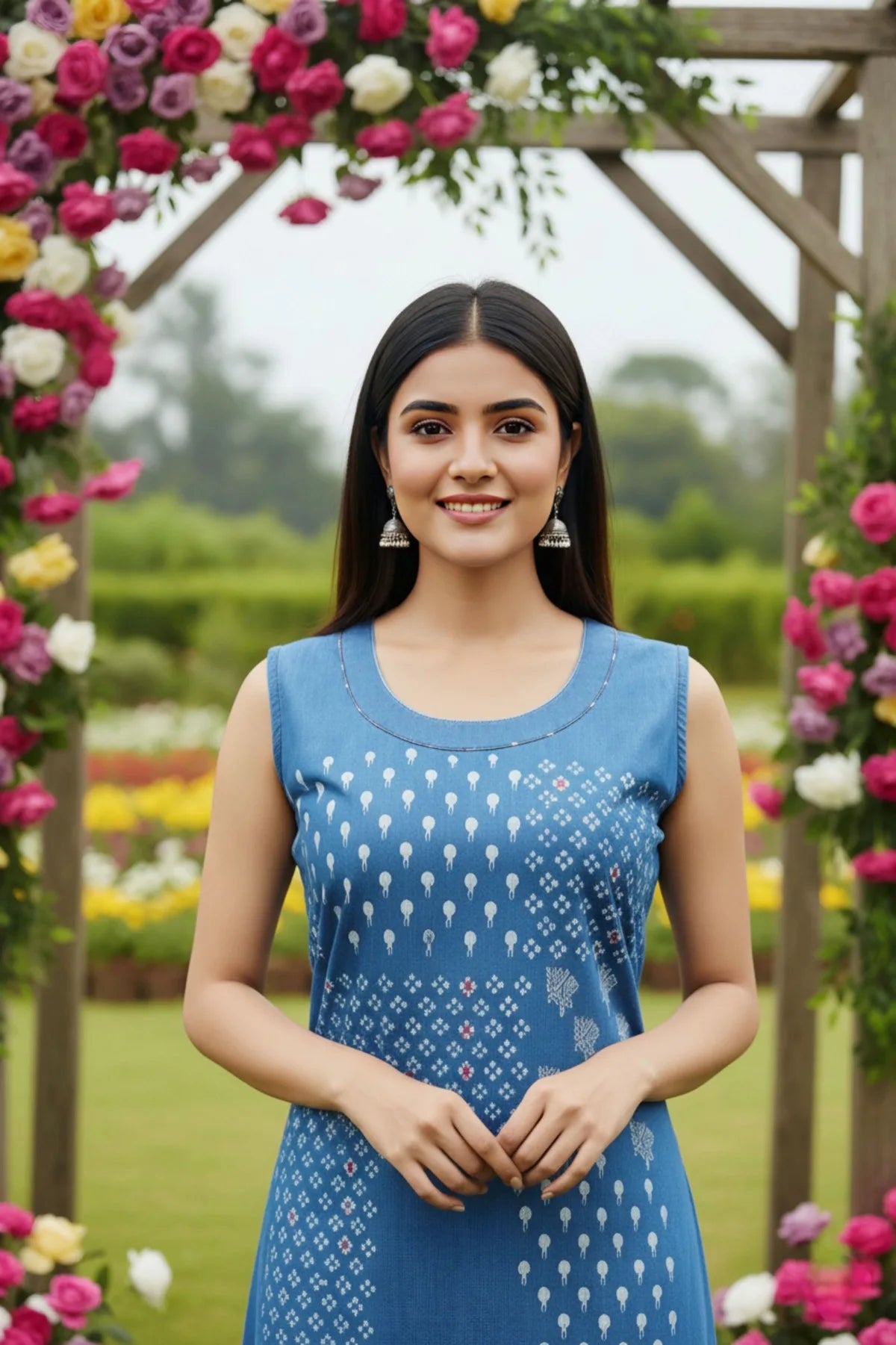 Light Blue Denim Dress with Print and Embellishment