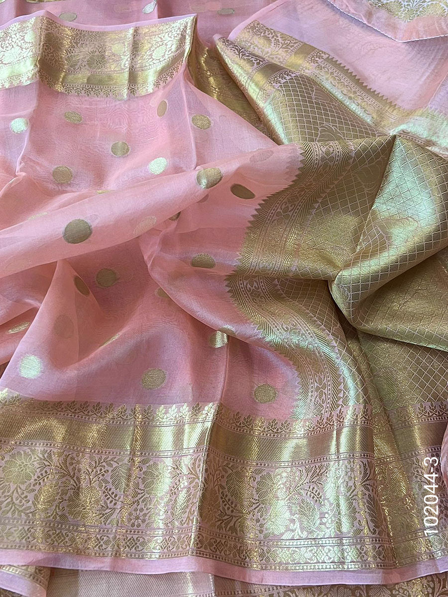 Kora Organza Zari Work Dollar Buti Banarasi Saree