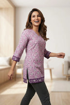 Lilac V Neck Jaipuri Printed Cotton Short Kurti for Women
