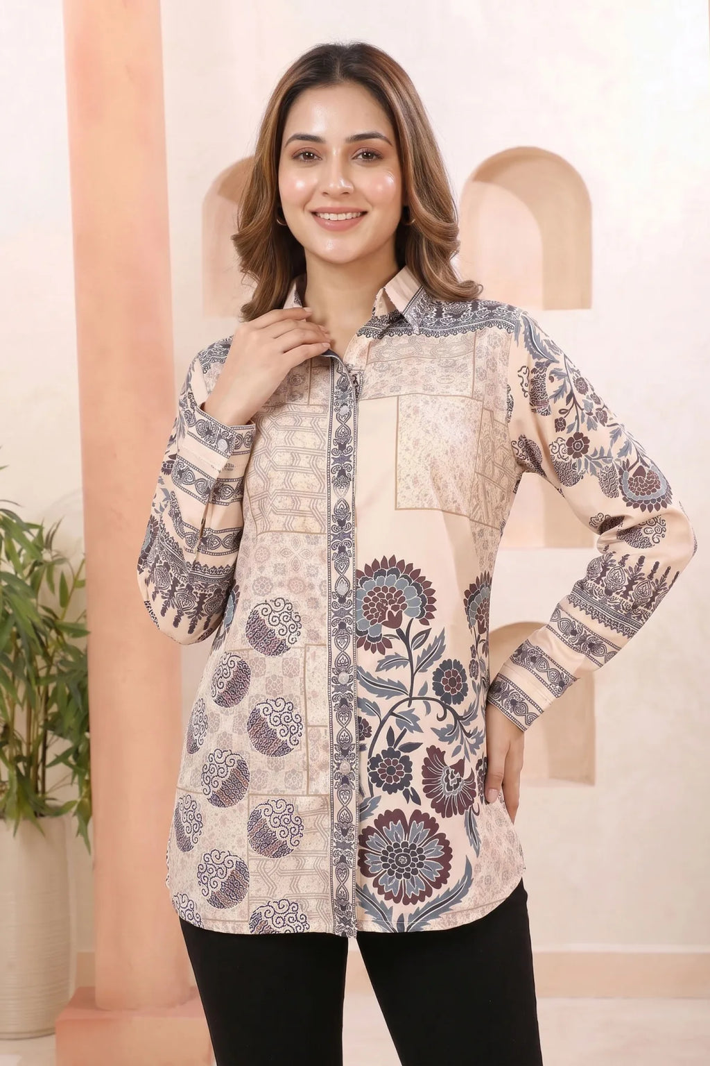 Champagne Beige Modal Silk Tunic with Azrakh Print and Shirt Collar