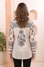 Champagne Beige Modal Silk Tunic with Azrakh Print and Shirt Collar