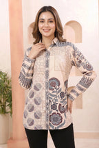 Champagne Beige Modal Silk Tunic with Azrakh Print and Shirt Collar