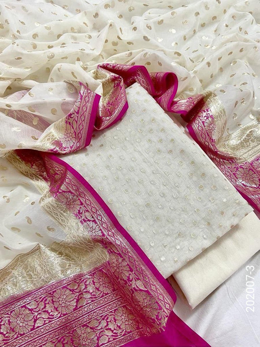 Mercerized Cotton Zari Buti Work Banarasi Suit With Cotton Dupatta