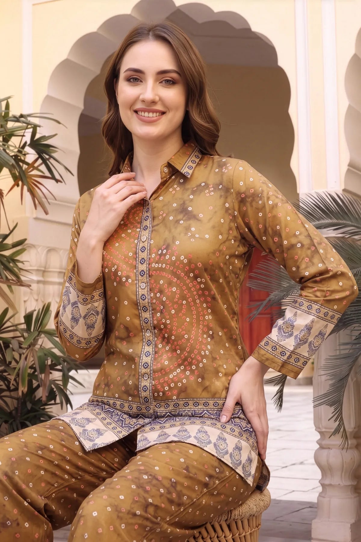 Mustard Crepe Silk Bandhani Print Shirt Style Kurti