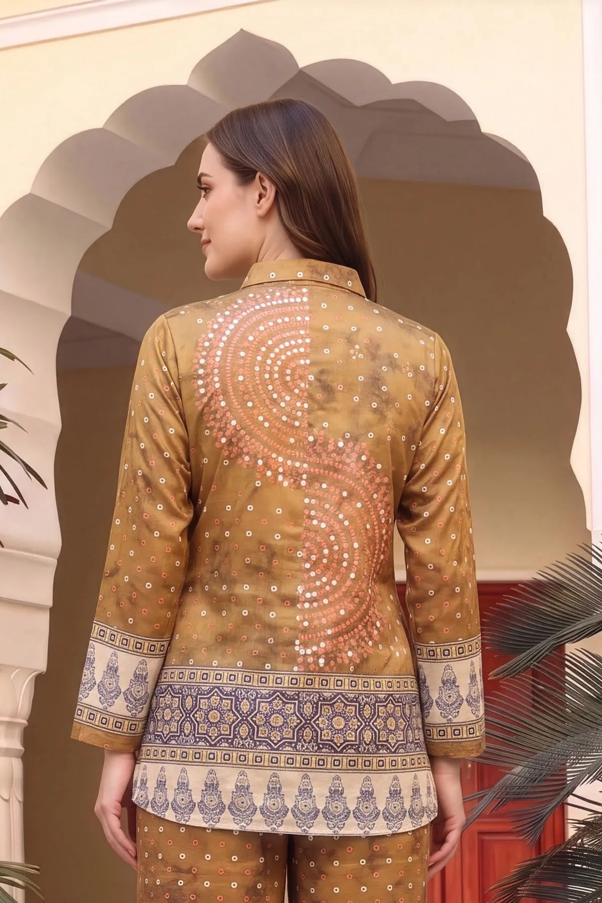 Mustard Crepe Silk Bandhani Print Shirt Style Kurti