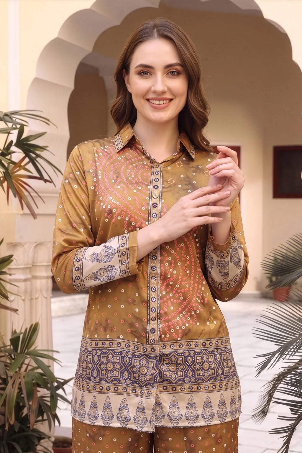 Mustard Crepe Silk Bandhani Print Shirt Style Kurti