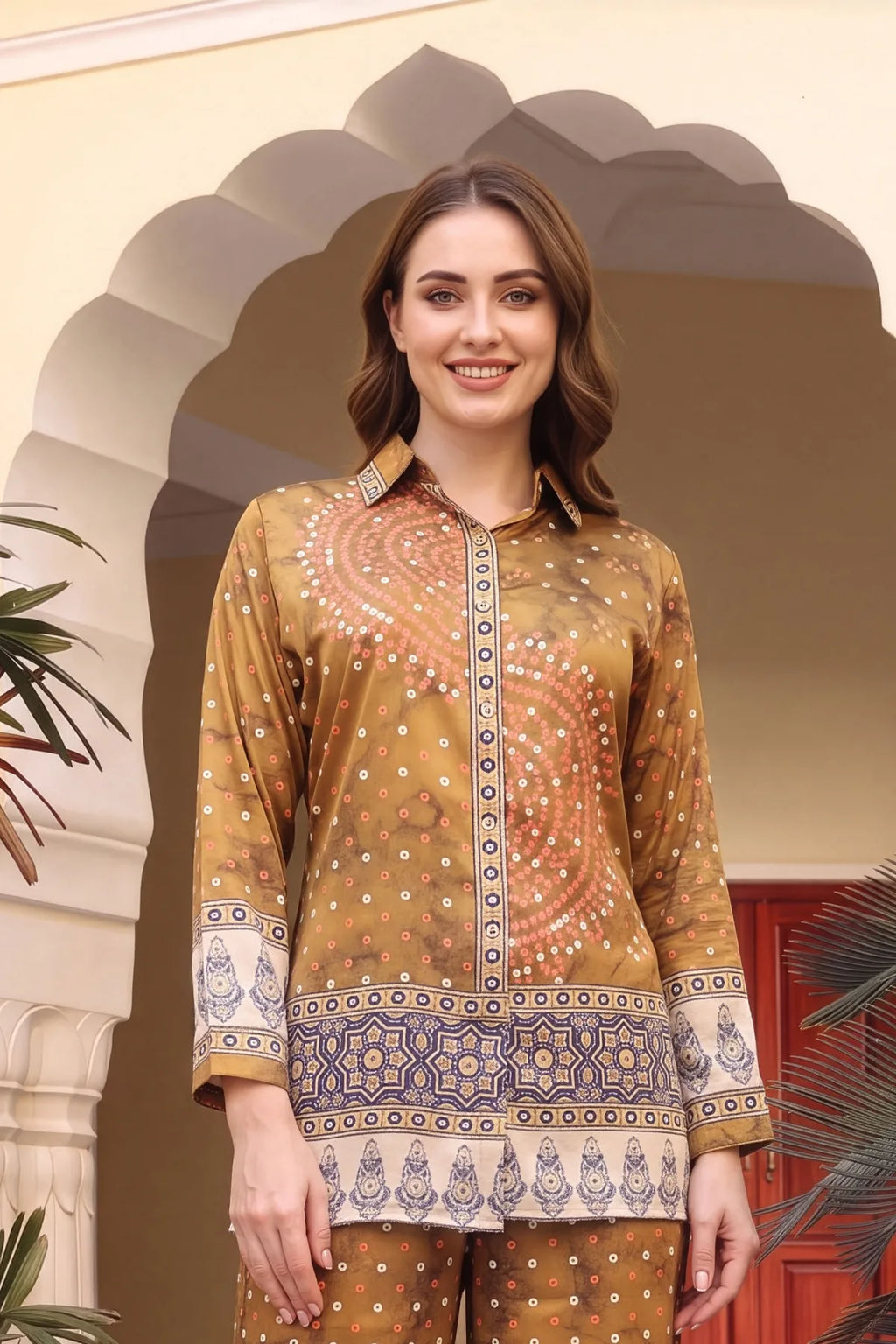 Mustard Crepe Silk Bandhani Print Shirt Style Kurti