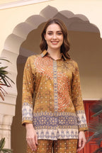 Mustard Crepe Silk Bandhani Print Shirt Style Kurti