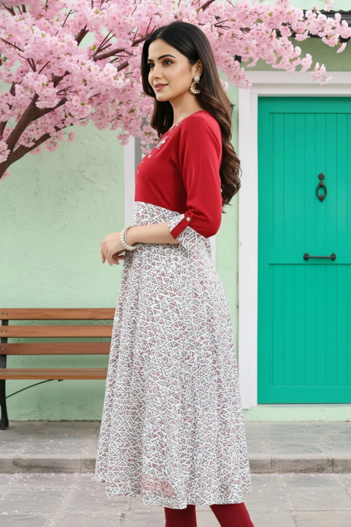 Maroon Rayon Printed Flared Long Tunic with Floral Embroidery