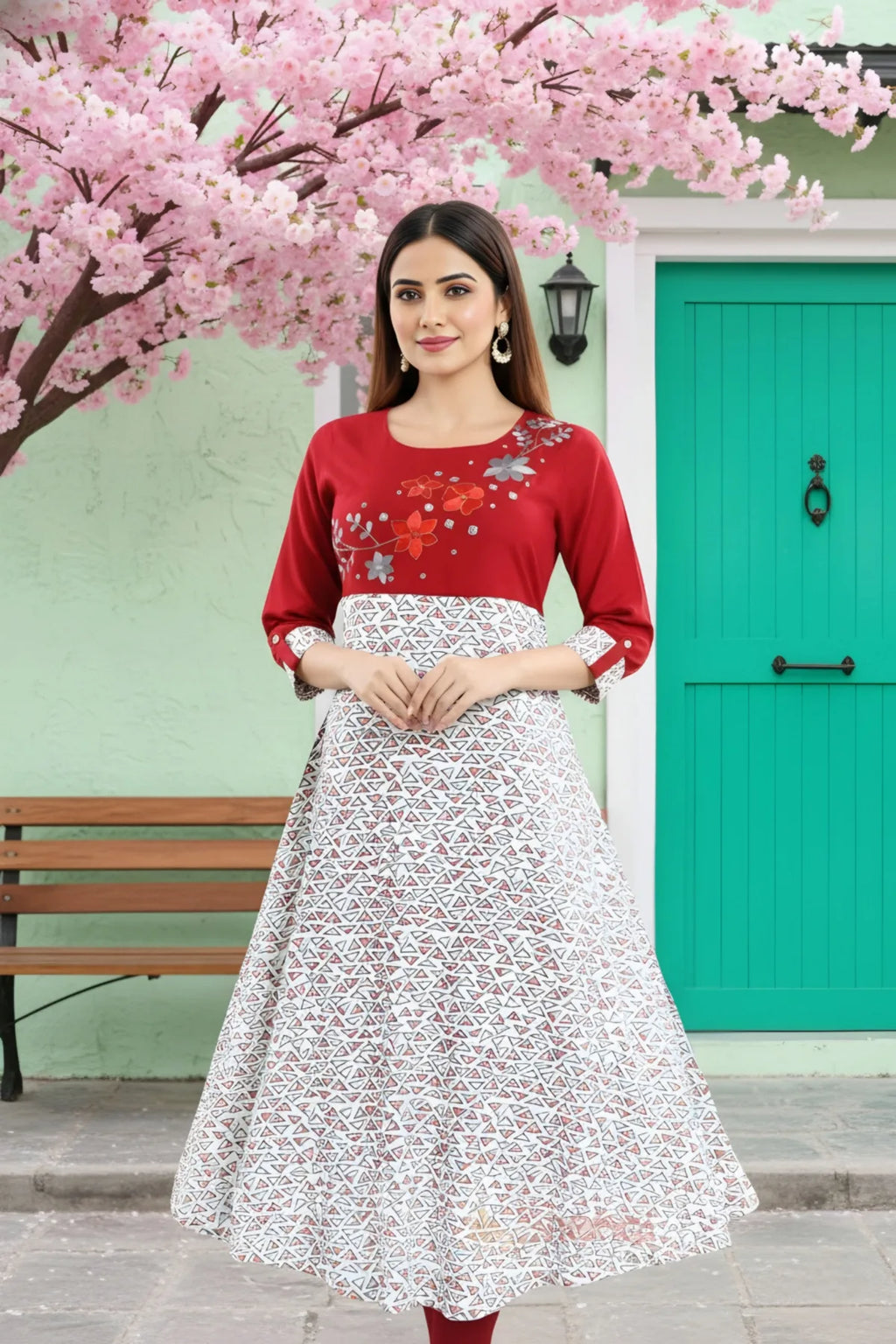 Maroon Rayon Printed Flared Long Tunic with Floral Embroidery