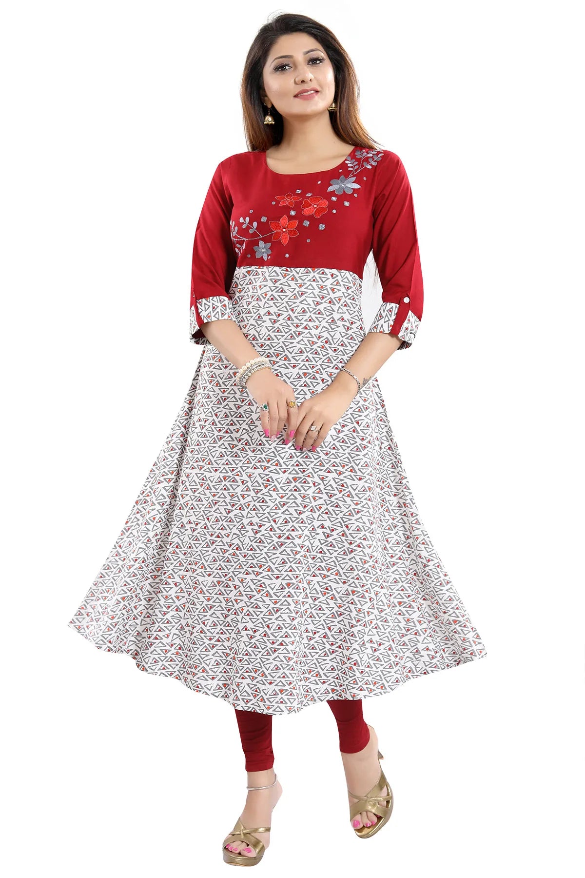 Maroon Rayon Printed Flared Long Tunic with Floral Embroidery