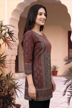 Maroon Ajrakh Print Short Kurti with Thread Work Neckline