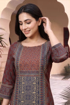 Maroon Ajrakh Print Short Kurti with Thread Work Neckline