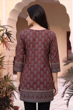 Maroon Ajrakh Print Short Kurti with Thread Work Neckline