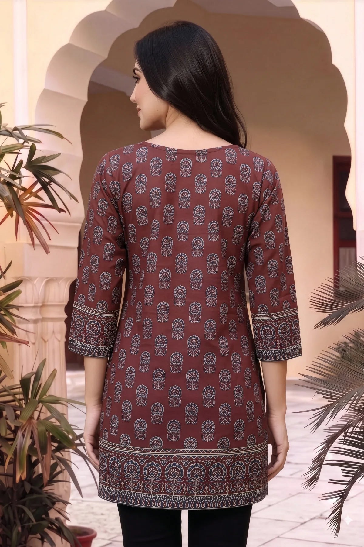 Maroon Ajrakh Print Short Kurti with Thread Work Neckline