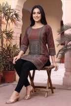 Maroon Ajrakh Print Short Kurti with Thread Work Neckline