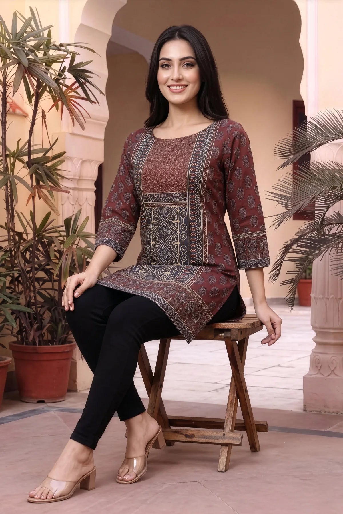 Maroon Ajrakh Print Short Kurti with Thread Work Neckline