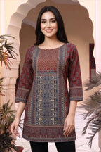 Maroon Ajrakh Print Short Kurti with Thread Work Neckline