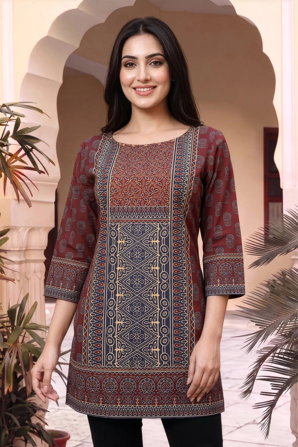 Maroon Ajrakh Print Short Kurti with Thread Work Neckline