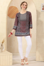 Maroon Jaipuri Cotton Print Round Neck Short Tunic