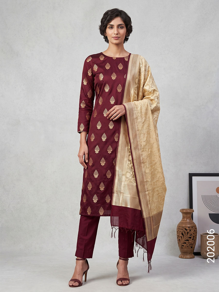 Mercerized Cotton Zari Buta Work Banarasi Suit With Masrise Cotton Dupatta