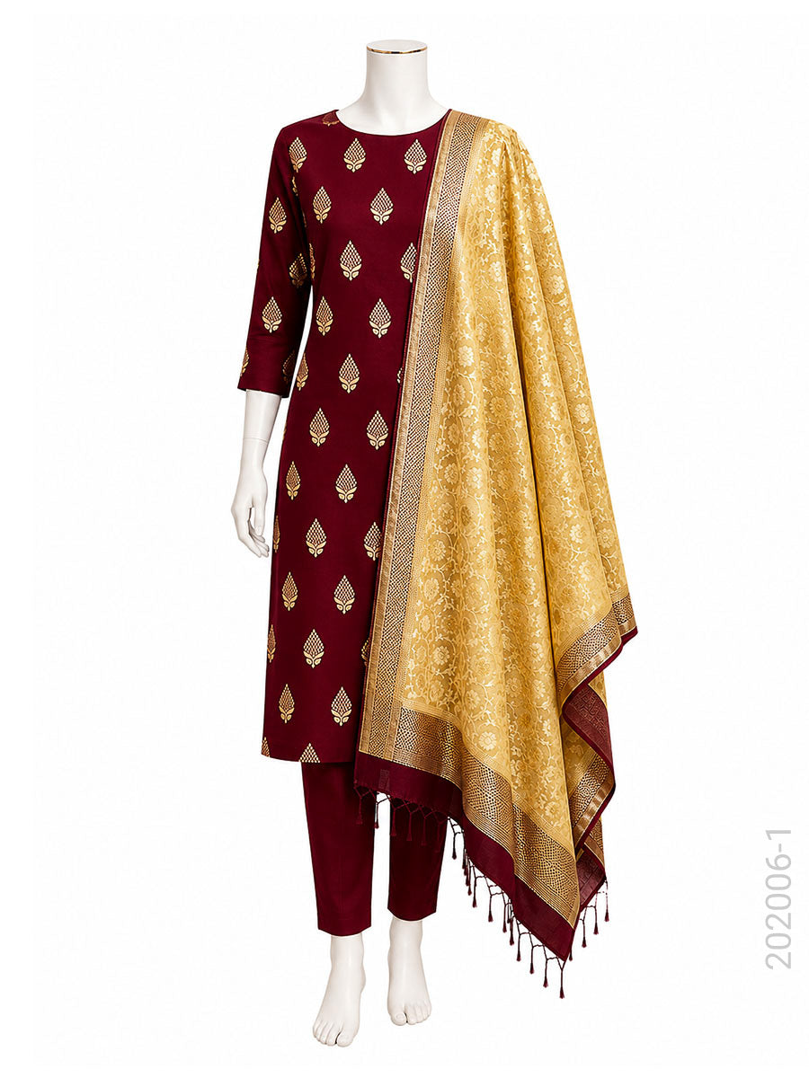 Mercerized Cotton Zari Buta Work Banarasi Suit With Masrise Cotton Dupatta