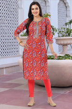 Maroon Printed Long Kurti with Gota Lace and Piping