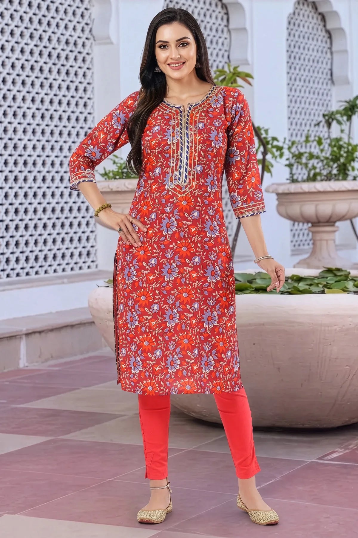 Maroon Printed Long Kurti with Gota Lace and Piping