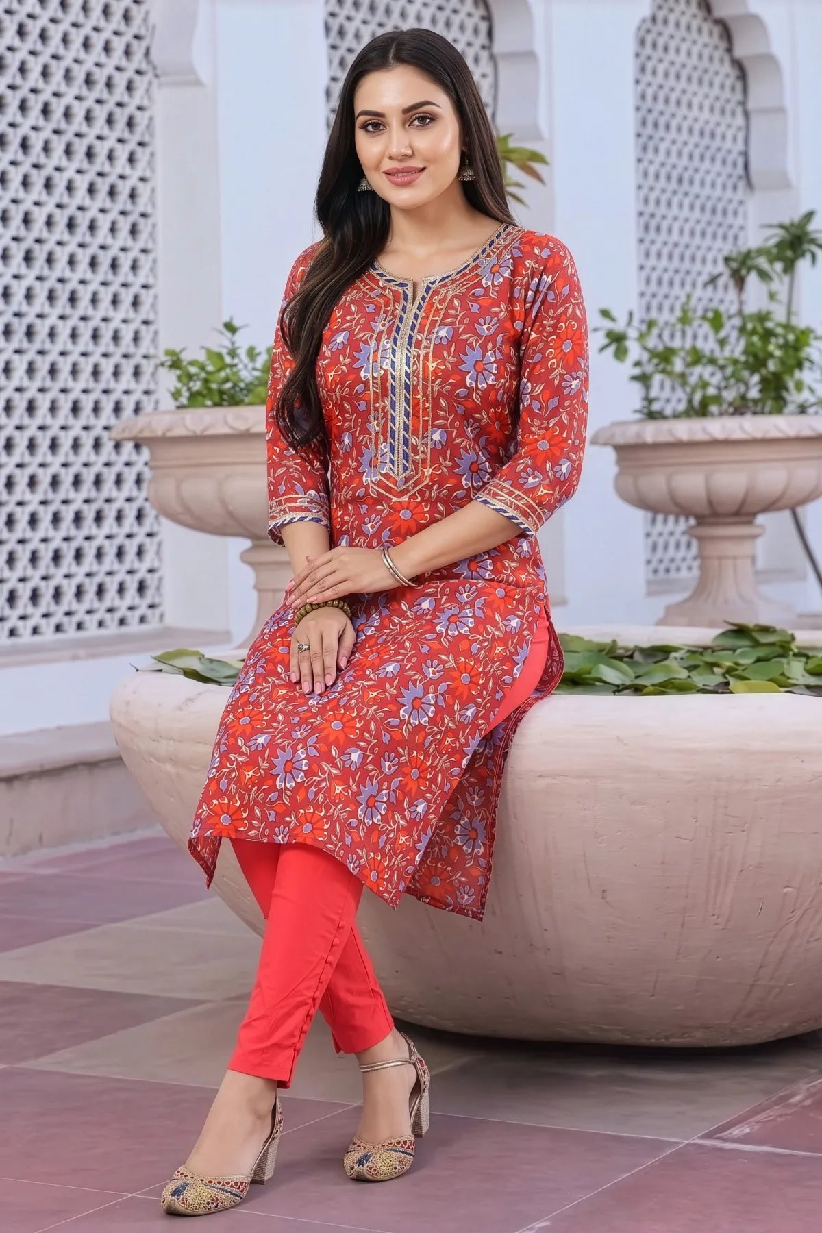 Maroon Printed Long Kurti with Gota Lace and Piping