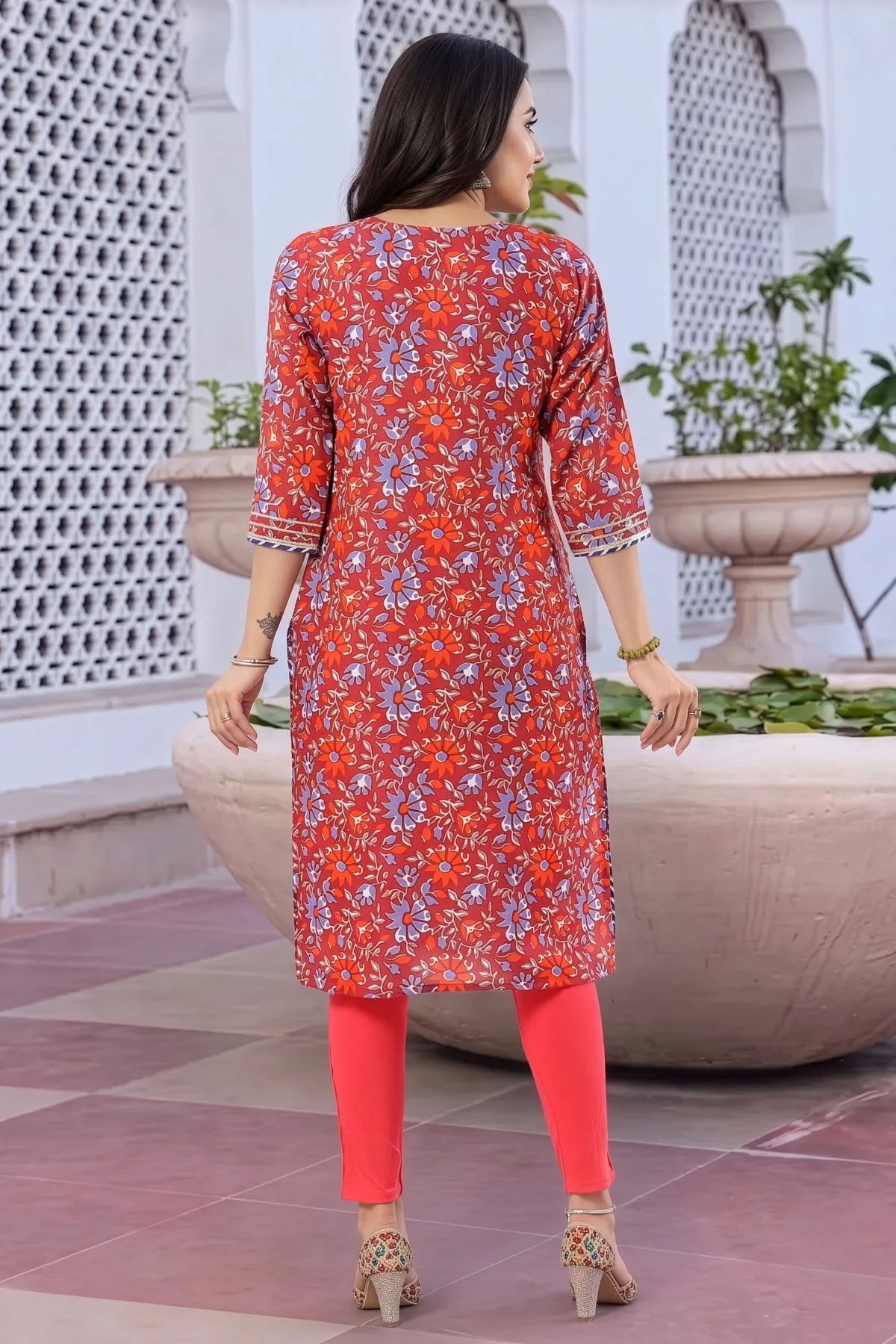 Maroon Printed Long Kurti with Gota Lace and Piping
