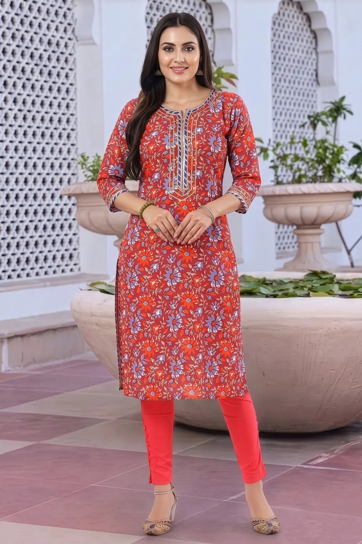 Maroon Printed Long Kurti with Gota Lace and Piping