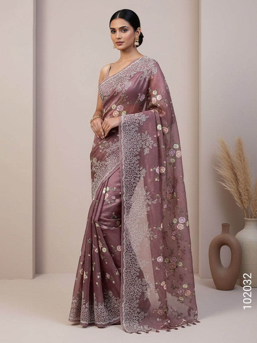 Kora Organza Embroidery Work Floral Banarasi Saree