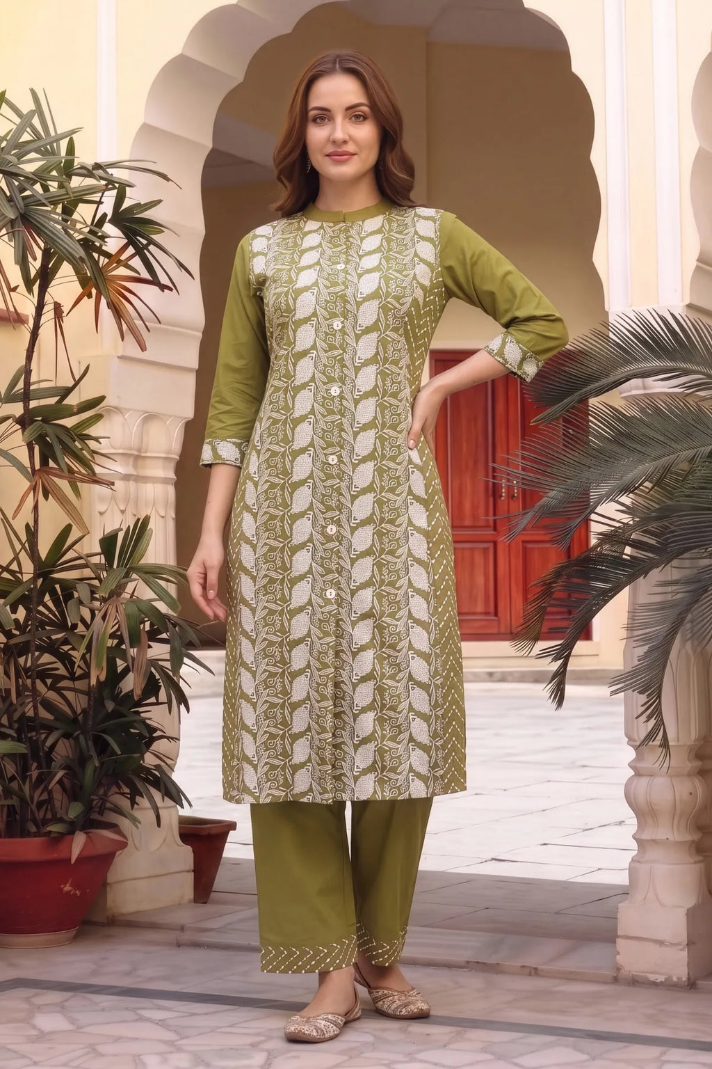 Mehandi Green Cotton Chikankari Style Kurti with Palazzo