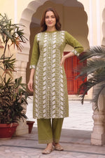 Mehandi Green Cotton Chikankari Style Kurti with Palazzo