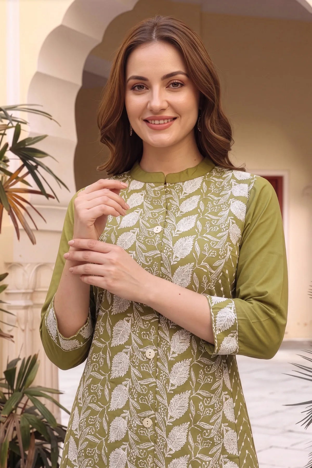 Mehandi Green Cotton Chikankari Style Kurti with Palazzo