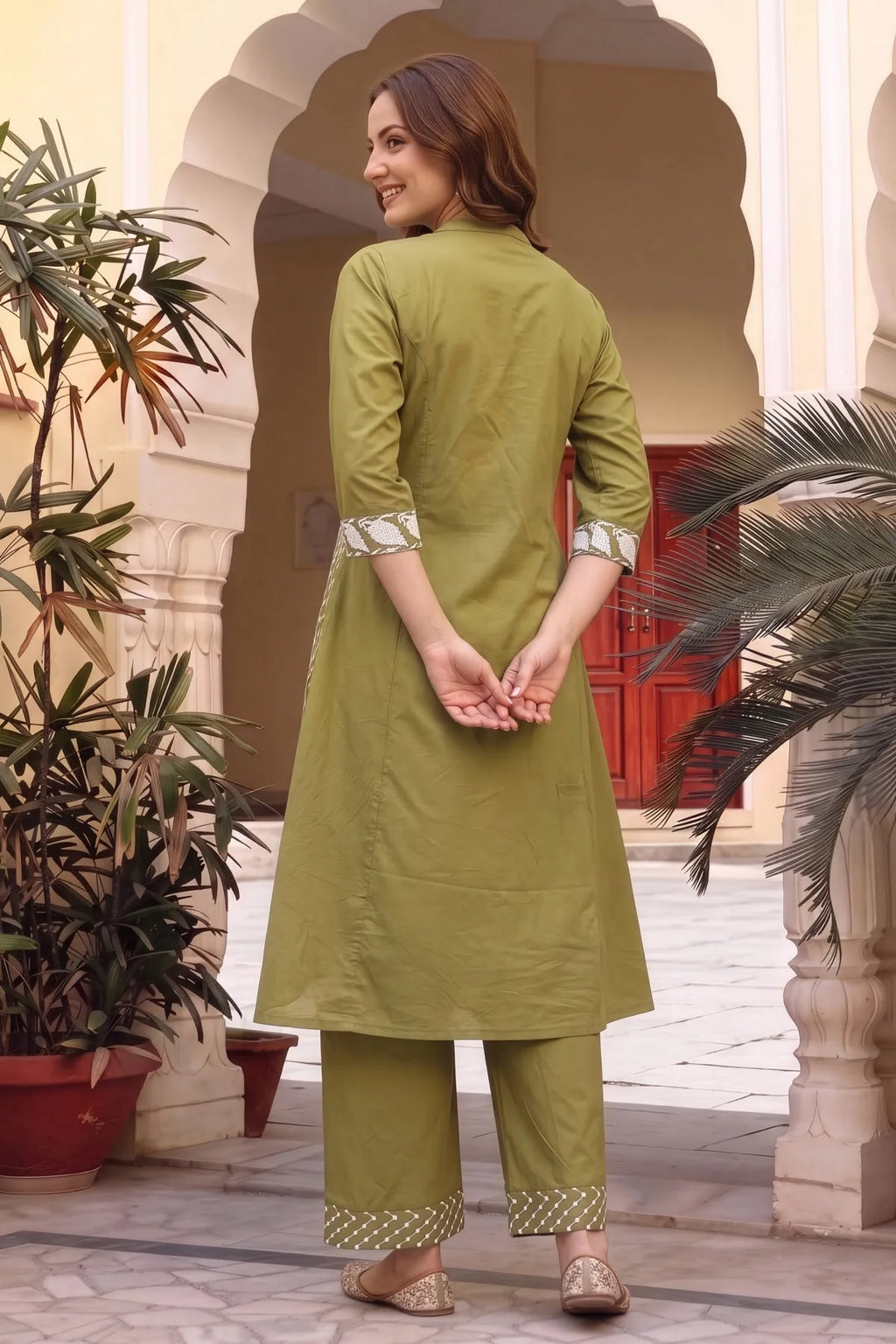 Mehandi Green Cotton Chikankari Style Kurti with Palazzo