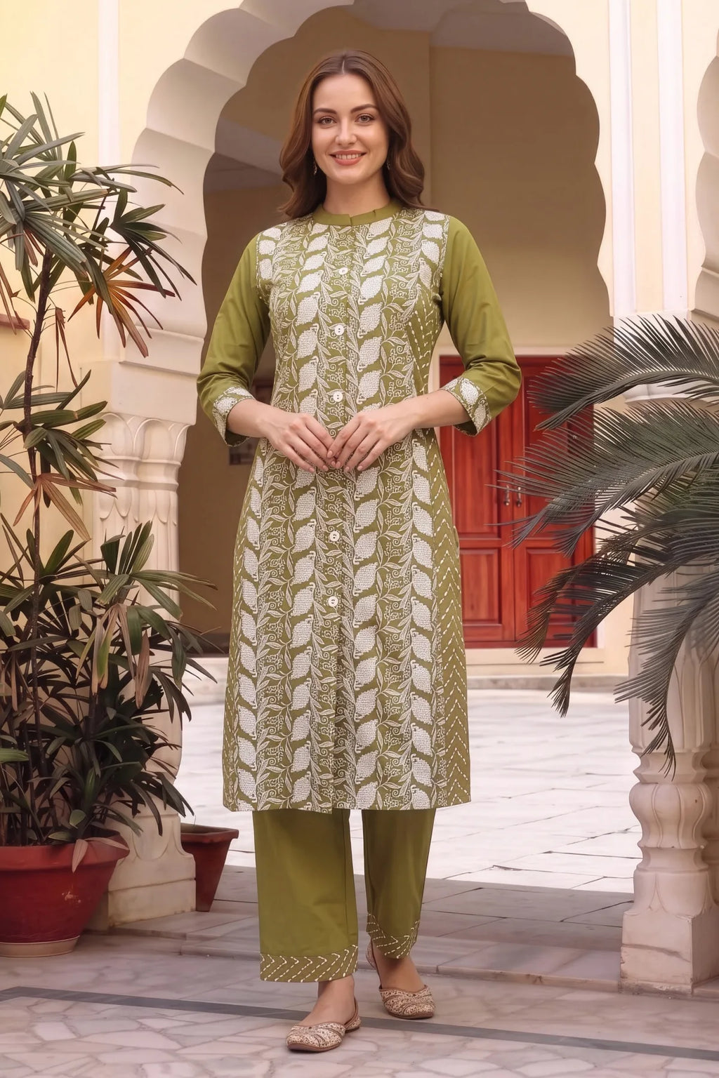 Mehandi Green Cotton Chikankari Style Kurti with Palazzo