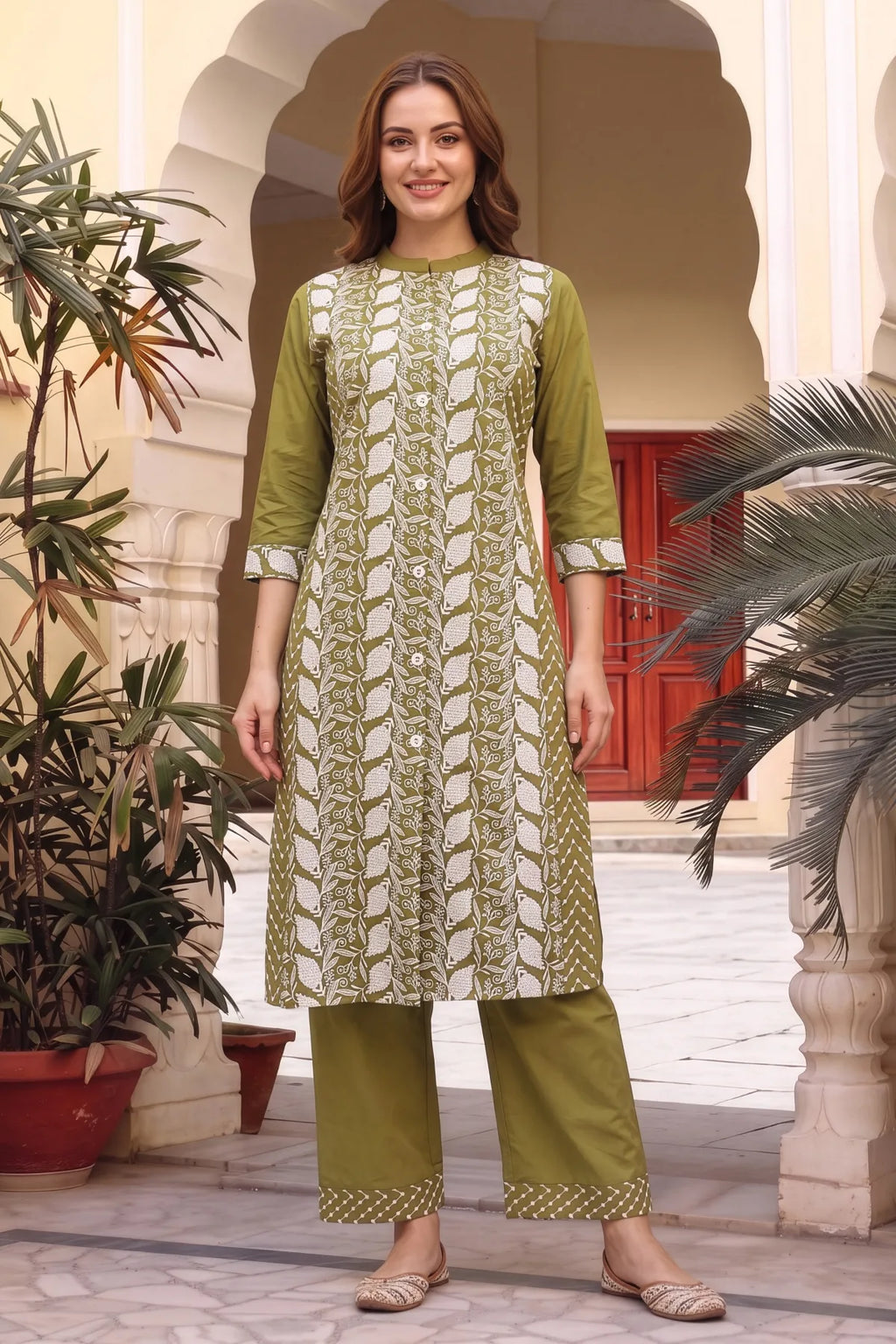 Mehandi Green Cotton Chikankari Style Kurti with Palazzo