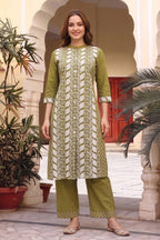 Mehandi Green Cotton Chikankari Style Kurti with Palazzo