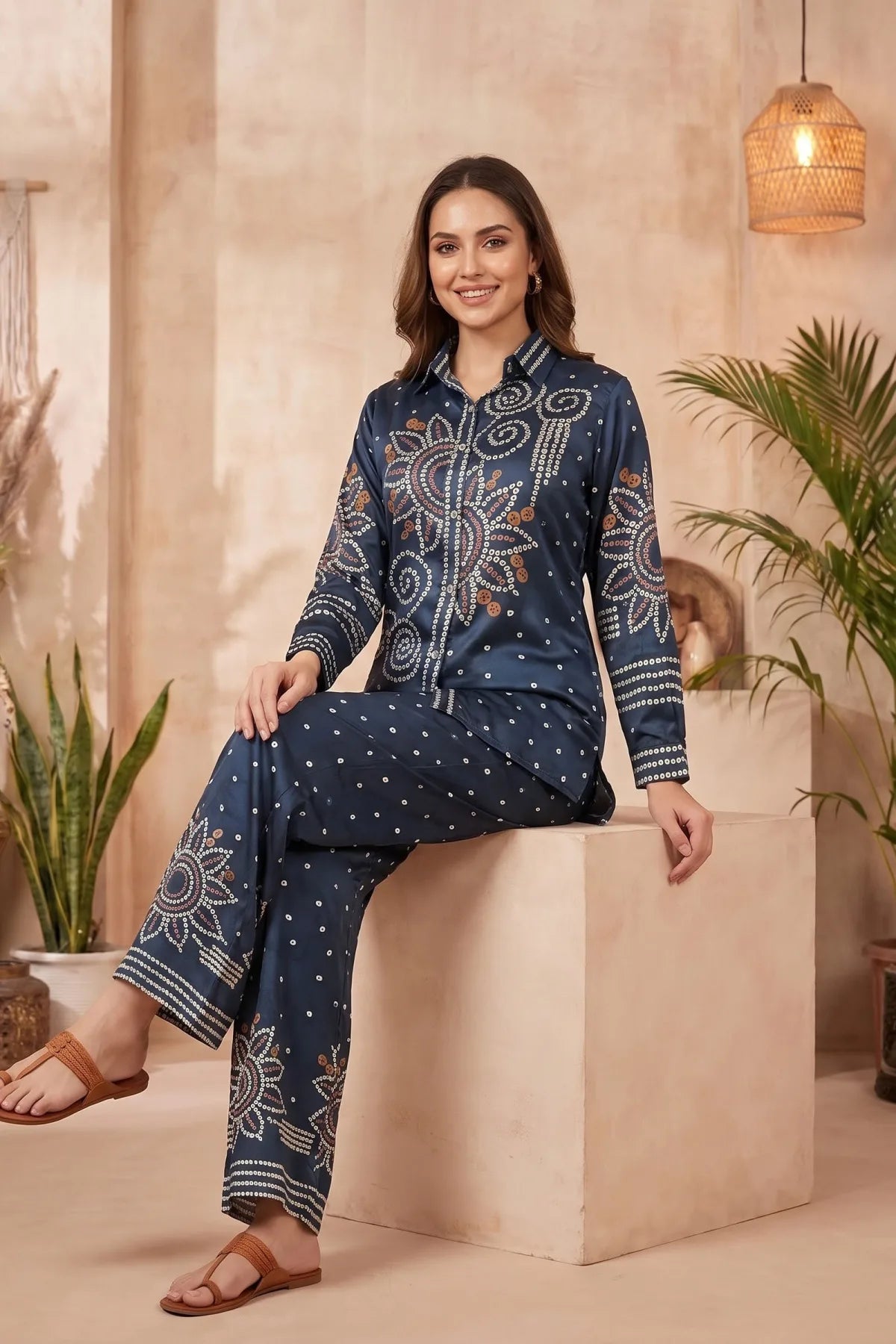 Midnight Blue Bandhani Print Crepe Silk Co Ord Set