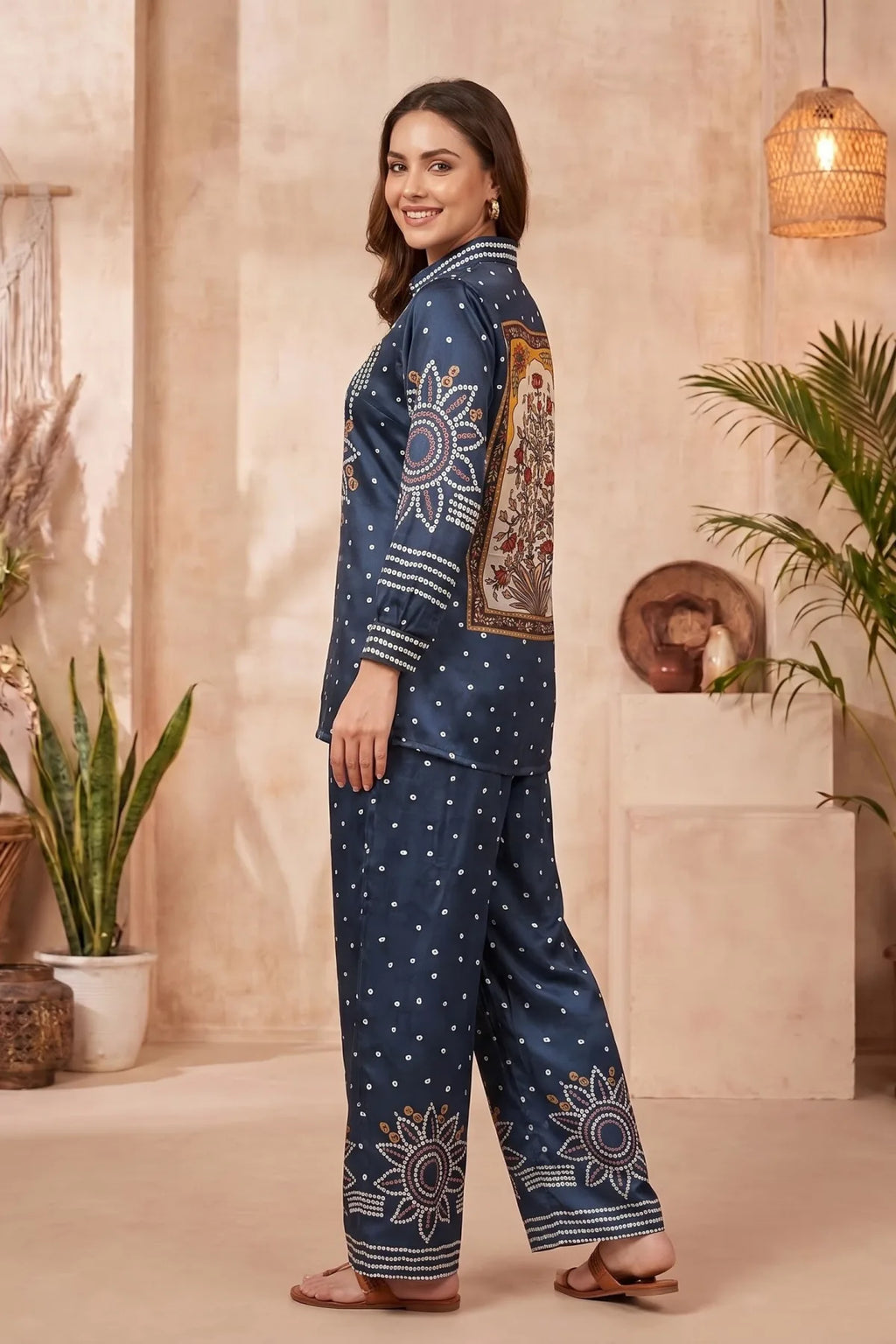Midnight Blue Bandhani Print Crepe Silk Co Ord Set