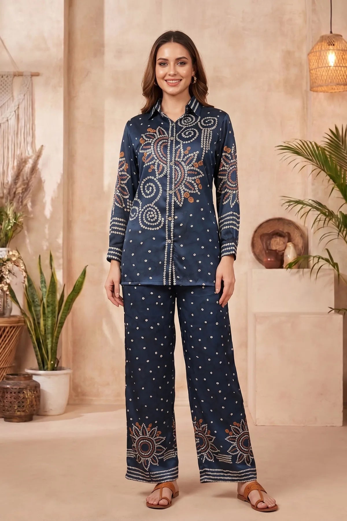 Midnight Blue Bandhani Print Crepe Silk Co Ord Set